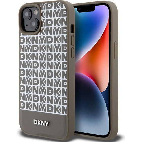 DKNY Leather Printed Pattern Metal Logo MagSafe Case for iPhone 15/14/13 - Brown - (DK000101-0)