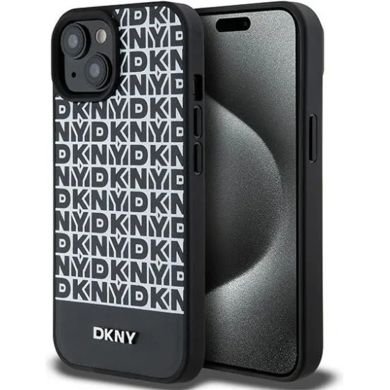DKNY Leather Printed Pattern Metal Logo MagSafe Case for iPhone 15/14/13 - Black - (DK000104-0)
