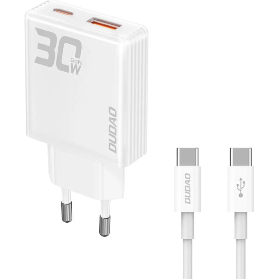 Dudao GaN 30W USB-A / USB-C Wall Charger + USB-C - USB-C Cable - White - (A30EUT)