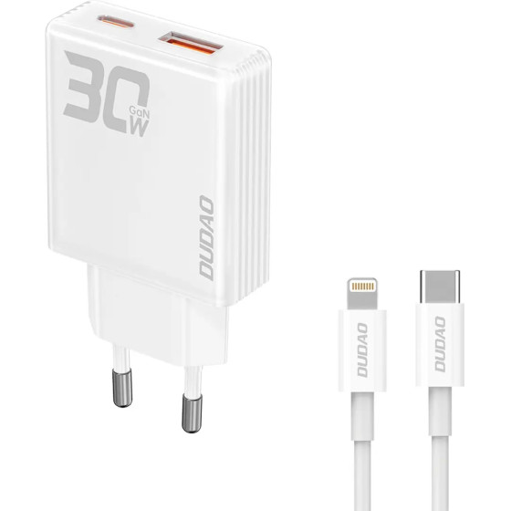Dudao GaN 30W USB-A / USB-C Wall Charger + USB-C - Lightning Cable - White - (A30EUL)