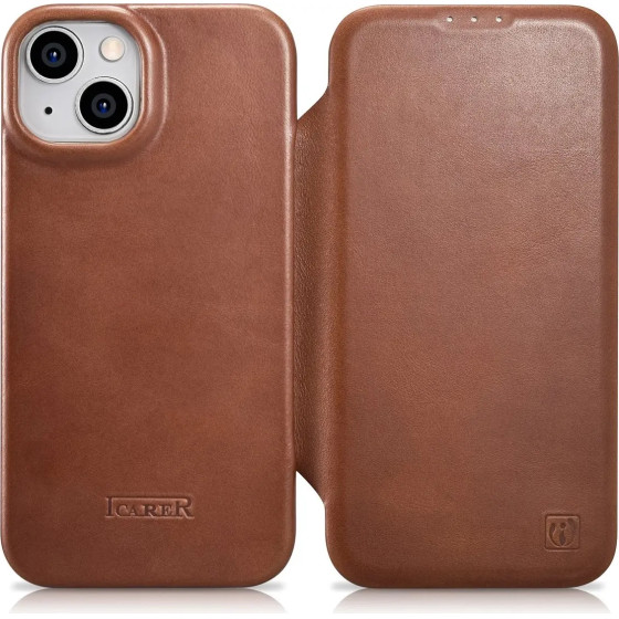 iCarer CE Oil Wax Premium Leather Folio Case iPhone 14 Plus magnetic flip case MagSafe brown - (AKI14220707-BN)