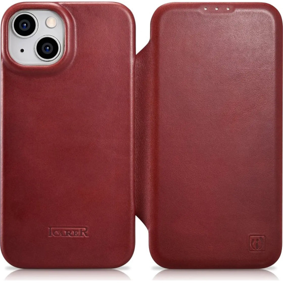 iCarer CE Oil Wax Premium Leather Folio Case iPhone 14 Plus Magnetic Flip Leather Folio Case MagSafe Red - (AKI14220707-RD)