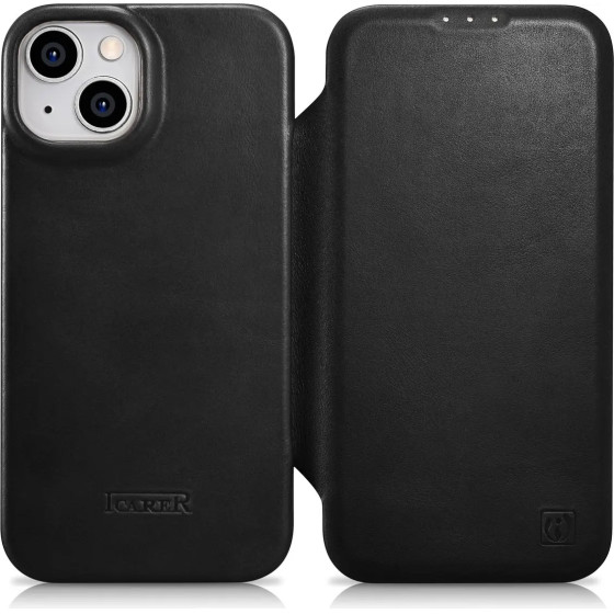 iCarer CE Oil Wax Premium Leather Folio Case Leather Case iPhone 14 Plus Magnetic Flip MagSafe Black - (AKI14220707-BK)