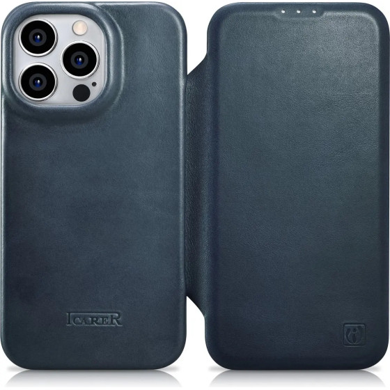 iCarer CE Oil Wax Premium Leather Folio Case Leather Case iPhone 14 Pro Magnetic Flip MagSafe Blue - (AKI14220706-BU)