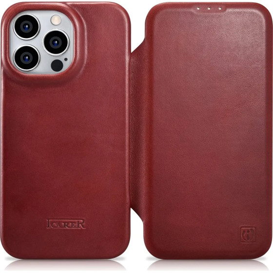 iCarer CE Oil Wax Premium Leather Folio Case Leather Case iPhone 14 Pro Magnetic Flip MagSafe Red - (AKI14220706-RD)