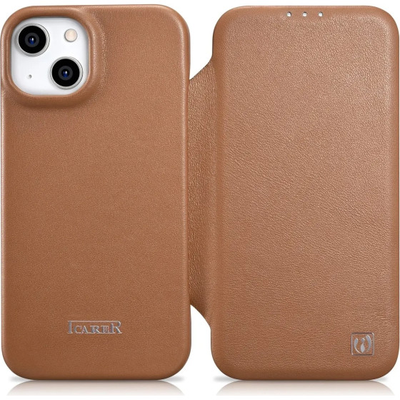 iCarer CE Premium Leather Folio Case iPhone 14 Plus Magnetic Flip Leather Folio Case MagSafe Brown - (WMI14220715-BN)