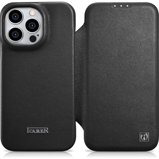 iCarer CE Premium Leather Folio Case iPhone 14 Pro Magnetic Flip Leather Folio Case MagSafe black - (WMI14220714-BK)