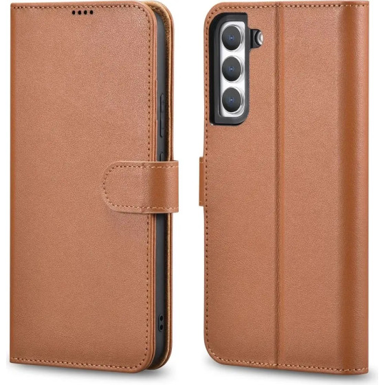 iCarer Haitang Leather Wallet Case Leather Case for Samsung Galaxy S22 + (S22 Plus) Wallet Housing Cover Brown - (AKSM05BN)