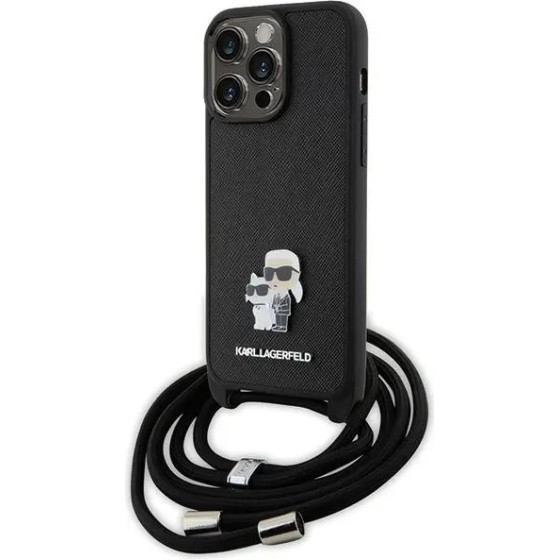 Karl Lagerfeld Crossbody Saffiano Metal Pin Karl & Choupette Case for iPhone 15 Pro Max - Black - (KF001758-0)