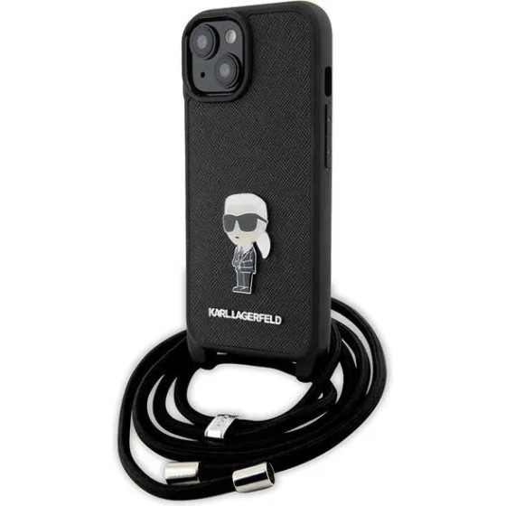 Karl Lagerfeld Crossbody Saffiano Monogram Metal Pin Karl & Choupette Case for iPhone 15 - Black - (KF001759-0)