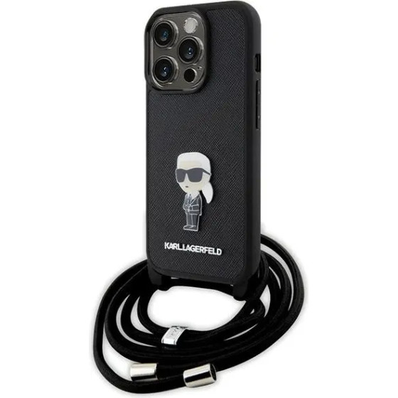 Karl Lagerfeld Crossbody Saffiano Monogram Metal Pin Karl & Choupette Case for iPhone 15 Pro - Black - (KF001760-0)