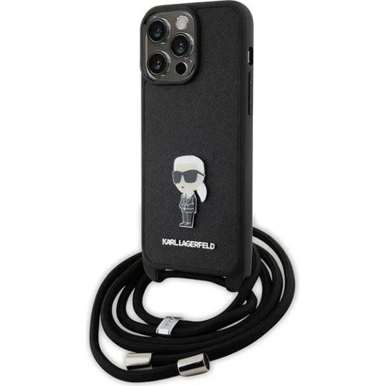 Karl Lagerfeld Crossbody Saffiano Monogram Metal Pin Karl & Choupette Case for iPhone 15 Pro Max - Black - (KF001761-0)