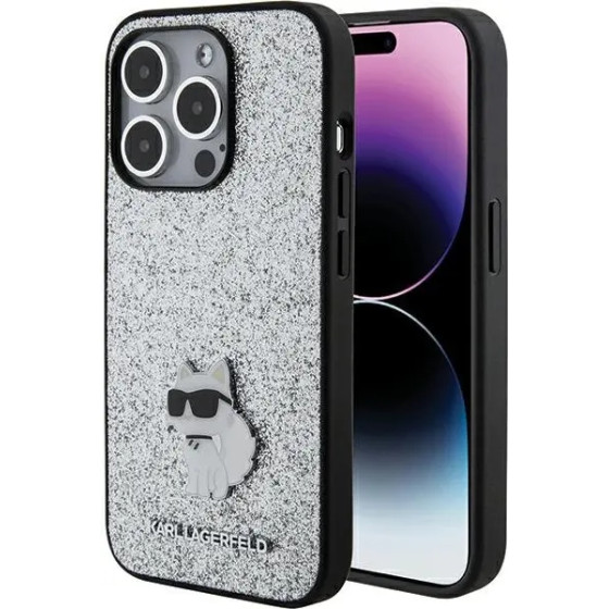 Karl Lagerfeld Fixed Glitter Choupette Logo Metal Pin Case for iPhone 15 Pro Max - Silver - (KF001788-0)