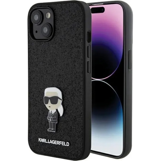 Karl Lagerfeld Fixed Glitter Ikonik Logo Metal Pin case for iPhone 15 - black - (KF001789-0)