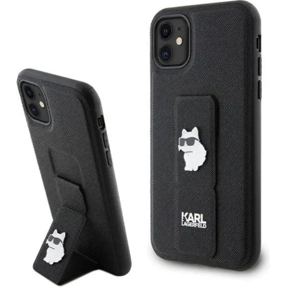 Karl Lagerfeld Gripstand Saffiano Choupette Pins Case for iPhone 11 / Xr - Black - (KF001908-0)