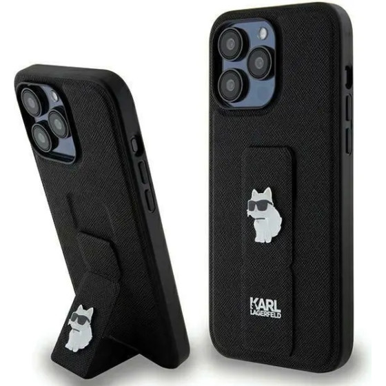 Karl Lagerfeld Gripstand Saffiano Choupette Pins Case for iPhone 13 Pro / 13 - Black - (KF001909-0)