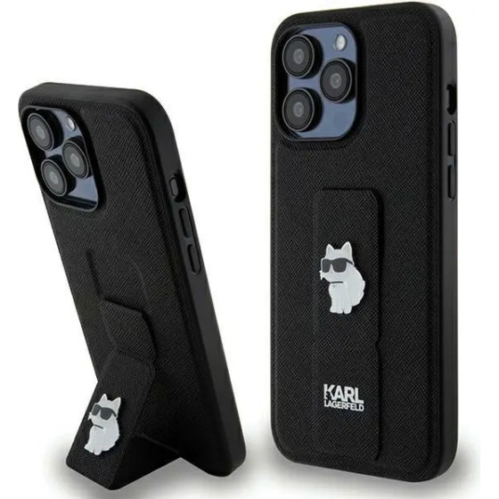 Karl Lagerfeld Gripstand Saffiano Choupette Pins case for iPhone 13 Pro Max - black - (KF001910-0)