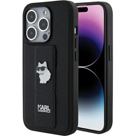 Karl Lagerfeld Gripstand Saffiano Choupette Pins case for iPhone 15 Pro - black - (KF001893-0)