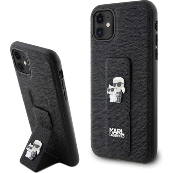 Karl Lagerfeld Gripstand Saffiano Karl&Choupette Pins case for iPhone 11 / Xr - black - (KF001903-0)