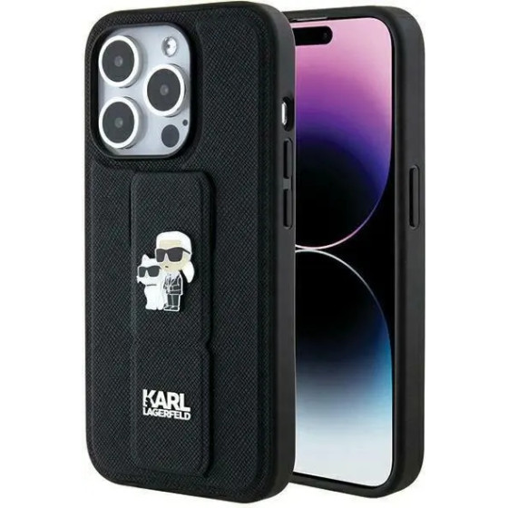 Karl Lagerfeld Gripstand Saffiano Karl&Choupette Pins case for iPhone 14 Pro Max - black - (KF001907-0)