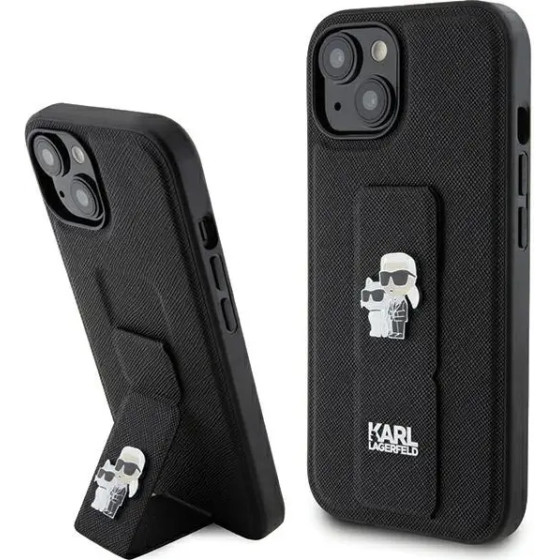 Karl Lagerfeld Gripstand Saffiano Karl&Choupette Pins case for iPhone 15 - black - (KF001887-0)