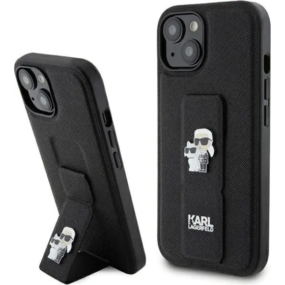 Karl Lagerfeld Gripstand Saffiano Karl&Choupette Pins case for iPhone 15 Plus / 14 Plus - black - (KF001888-0)