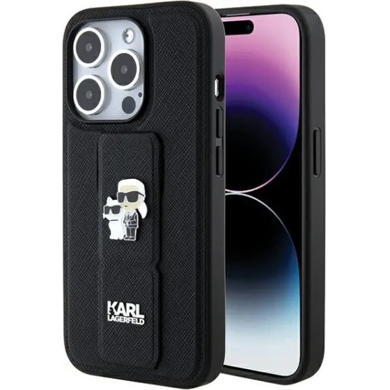 Karl Lagerfeld Gripstand Saffiano Karl&Choupette Pins case for iPhone 15 Pro - black - (KF001889-0)
