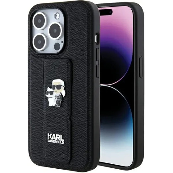 Karl Lagerfeld Gripstand Saffiano Karl&Choupette Pins case for iPhone 15 Pro Max - black - (KF001890-0)