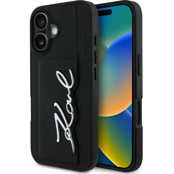Karl Lagerfeld HC Grained PU Cardslot Metal Signature iPhone 16 Case - Black - (KF002512-0)