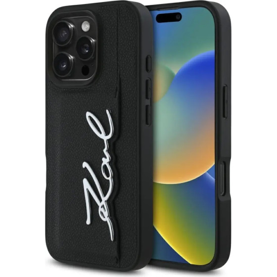 Karl Lagerfeld HC Grained PU Cardslot Metal Signature iPhone 16 Pro Max Case - Black - (KF002514-0)