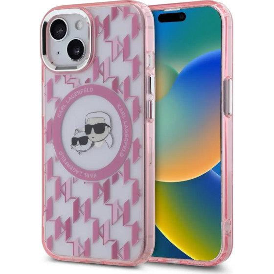 Karl Lagerfeld IML Monogram Karl & Choupette Head MagSafe iPhone 15 Plus Case - Pink - (KF002260-0)