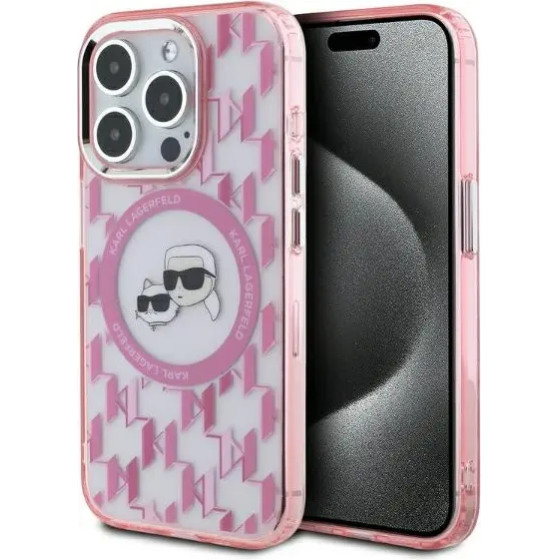 Karl Lagerfeld IML Monogram Karl & Choupette Head MagSafe iPhone 15 Pro Case - Pink - (KF002261-0)