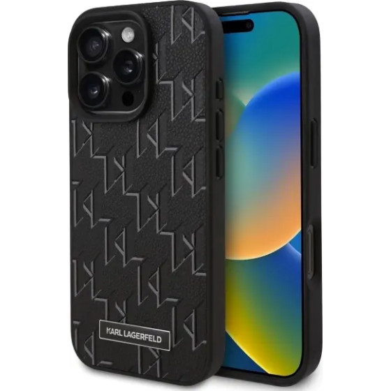 Karl Lagerfeld Leather Monogram Metal Logo MagSafe Case for iPhone 16 Pro Max - Black - (KF002306-0)