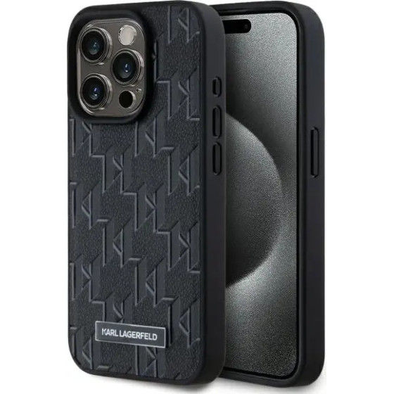 Karl Lagerfeld Leather Monogram Metal Logo MagSafe iPhone 15 Pro Case - Black - (KF002304-0)