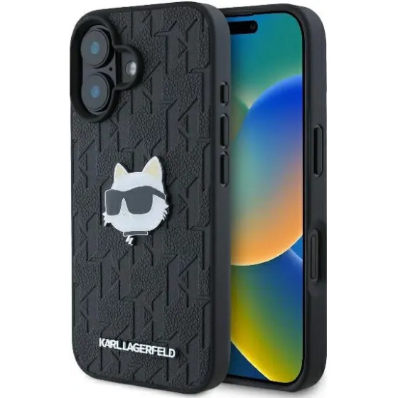 Karl Lagerfeld Monogram Choupette Head Pin iPhone 16 Case - Black - (KF002318-0)