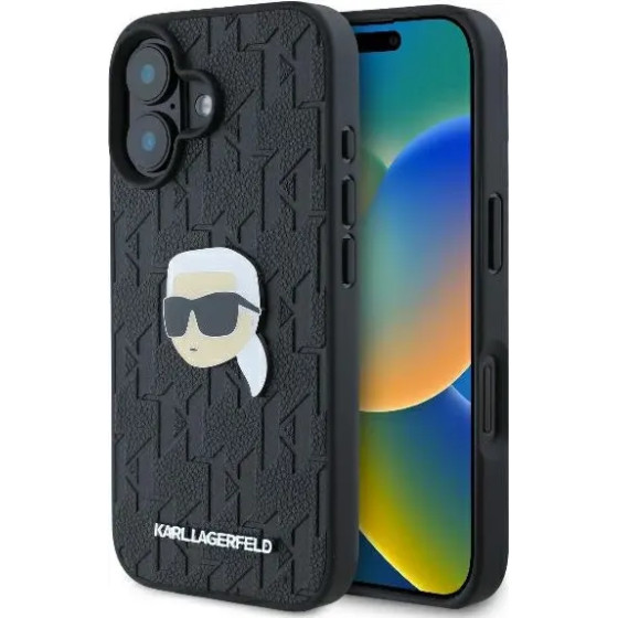 Karl Lagerfeld Monogram Karl Head Pin iPhone 16 Case - Black - (KF002315-0)