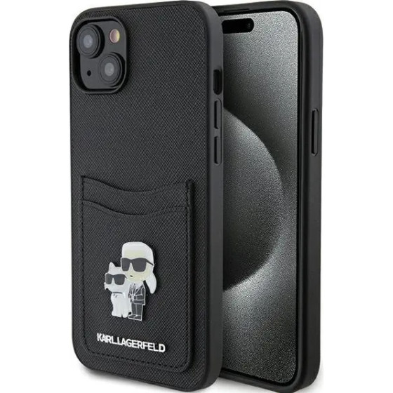 Karl Lagerfeld Saffiano Cardslot Karl&Choupette Metal Pin case for iPhone 15 - black - (KF001784-0)