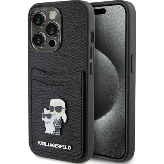 Karl Lagerfeld Saffiano Cardslot Karl&Choupette Metal Pin case for iPhone 15 Pro - black - (KF001785-0)