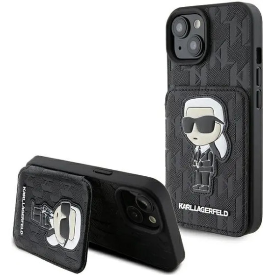 Karl Lagerfeld Saffiano Cardslots and Stand Monogram Ikonik Patch case for iPhone 15 - black - (KF001792-0)