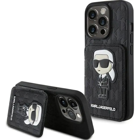 Karl Lagerfeld Saffiano Cardslots and Stand Monogram Ikonik Patch case for iPhone 15 Pro - black - (KF001793-0)