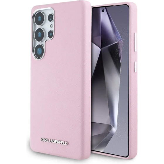 Karl Lagerfeld Saffiano Full Wrapped Elongated Metal Logo MagSafe Case for Samsung Galaxy S25 Ultra - Pink - (KF002502-0)