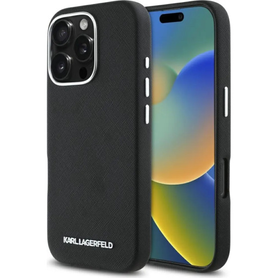 Karl Lagerfeld Saffiano Full Wrapped Elongated Metal Logo MagSafe iPhone 16 Pro Case - Black - (KF002541-0)