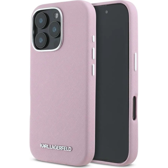 Karl Lagerfeld Saffiano Full Wrapped Elongated Metal Logo MagSafe iPhone 16 Pro Case - Pink - (KF002544-0)