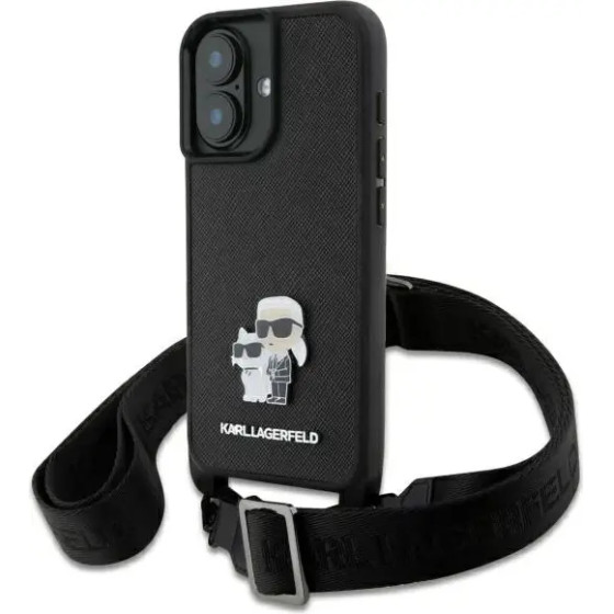 Karl Lagerfeld Saffiano Karl&Choupette Metal Pin CBDY Strap iPhone 16 Case - Black - (KF002408-0)