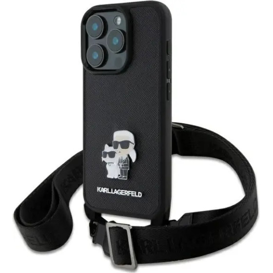Karl Lagerfeld Saffiano Karl&Choupette Metal Pin CBDY Strap iPhone 16 Pro Case - Black - (KF002409-0)