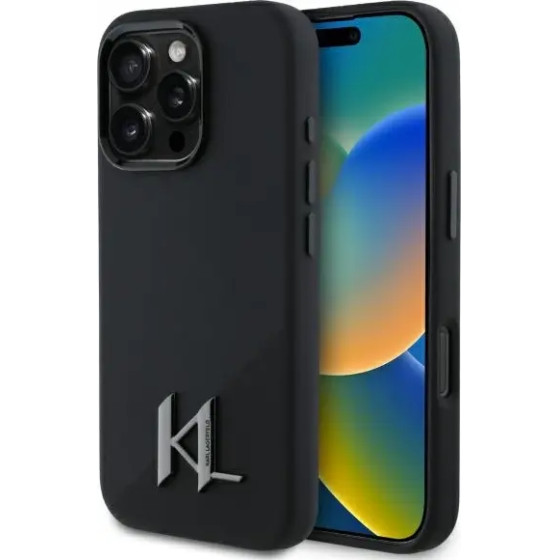 Karl Lagerfeld Silicone Shadow Metal Initial MagSafe iPhone 16 Pro Case - Black - (KF002273-0)