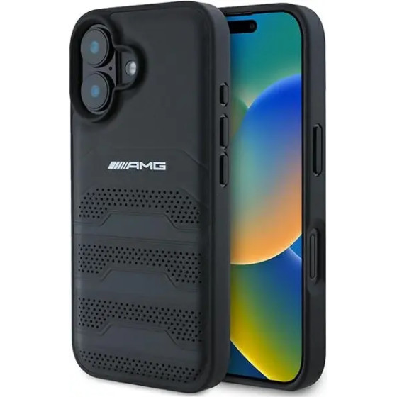 Mercedes AMG Leather Debossed Lines Black Logo iPhone 16 Case - Black - (AMG00085-0)