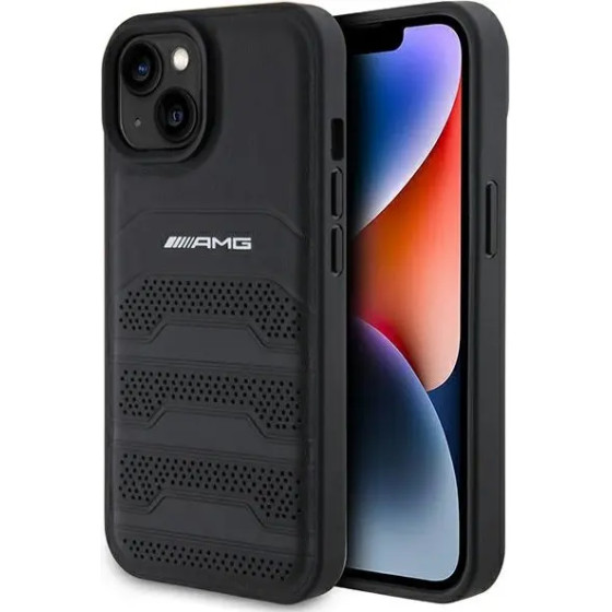 Mercedes AMG Leather Debossed Lines case for iPhone 15 Plus - black - (AMG00068-0)