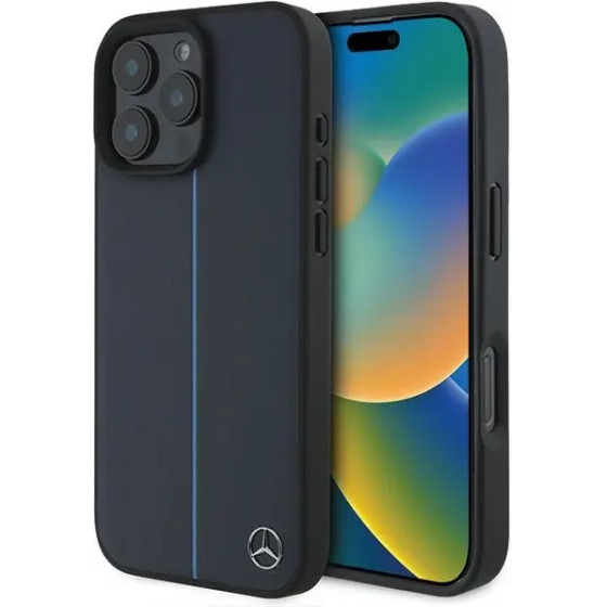 Mercedes MB Blue Line Leather MagSafe Case for iPhone 16 Pro Max - Navy Blue - (Mer008308-0)