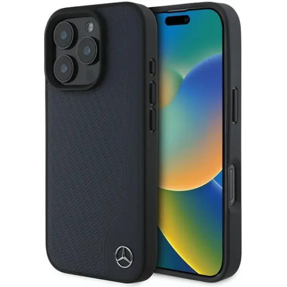 Mercedes MB Wood Imitation Leather MagSafe Case for iPhone 16 Pro Max - Navy Blue - (Mer008306-0)